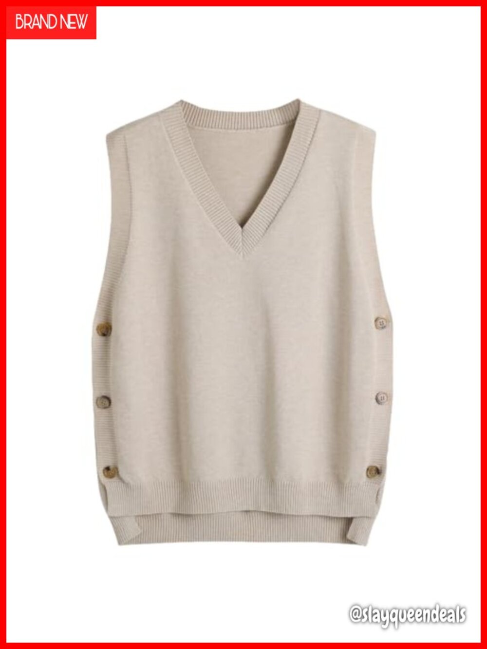 V Neck Ribbed Sleeveless Sweater Vest Button Side Split Knit Pullover Top